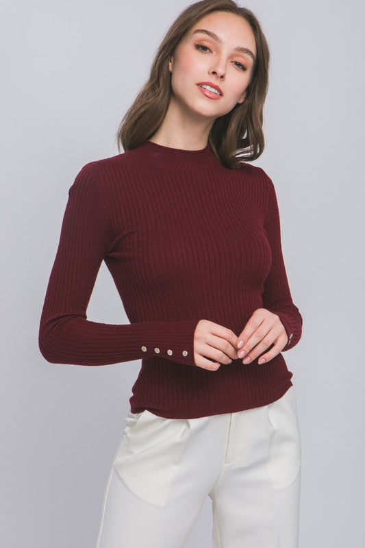 Fitted Ribbed Sweater w/ Sleeve Buttons