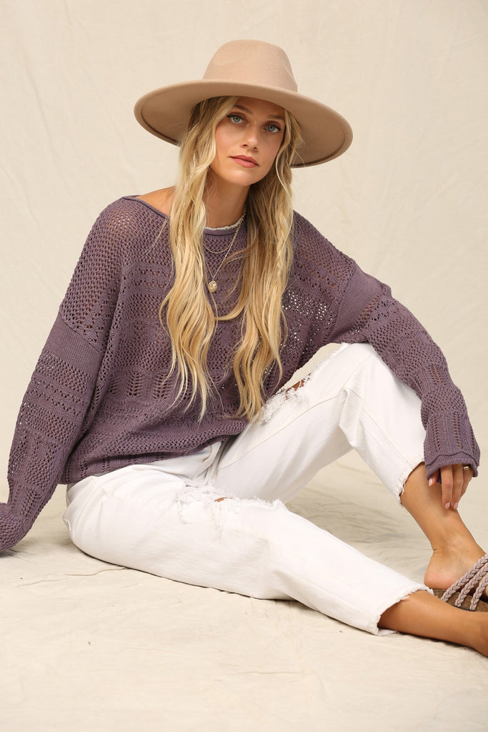 Purple Pointelle Knit Sweater