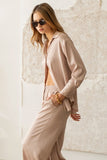 TAUPE-SATIN BUTTON WOVEN TOP