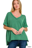 CORDED RIB SHORT SLEEVE HI-LOW V NECK TOP