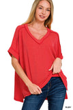 CORDED RIB SHORT SLEEVE HI-LOW V NECK TOP