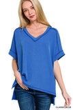 CORDED RIB SHORT SLEEVE HI-LOW V NECK TOP