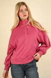 Balloon Sleeve Half Button Down Pullover- Rose