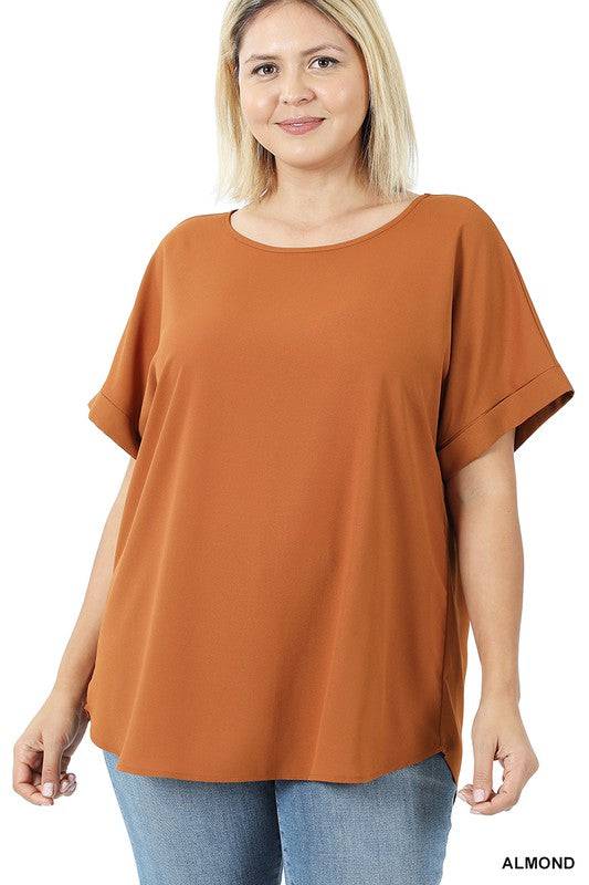 PLUS WOVEN HEAVY DOBBY ROLLED SLEEVE BOAT NECK TOP - Country Faith Boutique