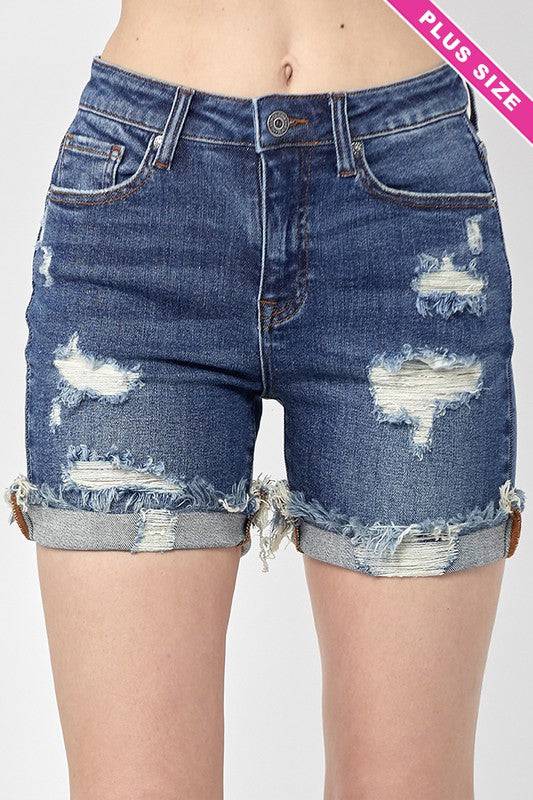 PLUS SIZE HIGH RISE DISTRESSED CUFFED SHORTS - Country Faith Boutique