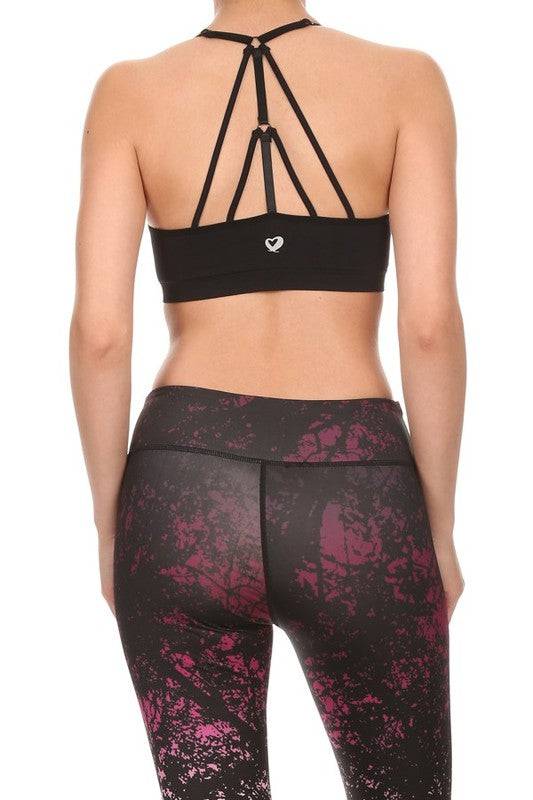 Strappy back racerback sports bra. Running or working out bra. Noodle strap. Black Athletic Bra