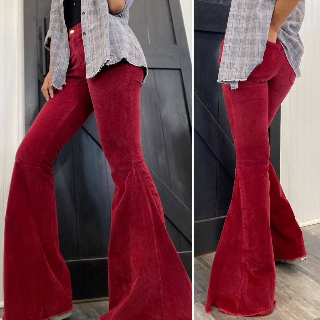 CORDUROY FLARE PANTS - WINE RED - Country Faith Boutique