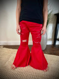 GIRLS-RED DISTRESSED FLARE PANTS
