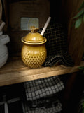 Ceramic Honeycomb Honey Jar w/ Wood Honey Dipper Gold Finish