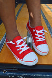Red converse look a like, knock off sneakers. No tie sneakers. Spring and summer sneaker flats. 